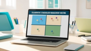 a notebook with a stakeholder matrix on screen as work in progress